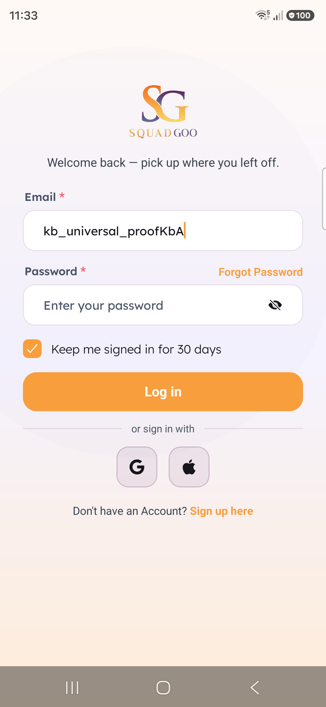 SquadGoo sign-in screen